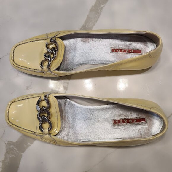 Prada *Vintage* 90s Yellow Patent Leather Logo Loafers EU 39.5/ US 9 or 9.5 - Picture 7 of 8